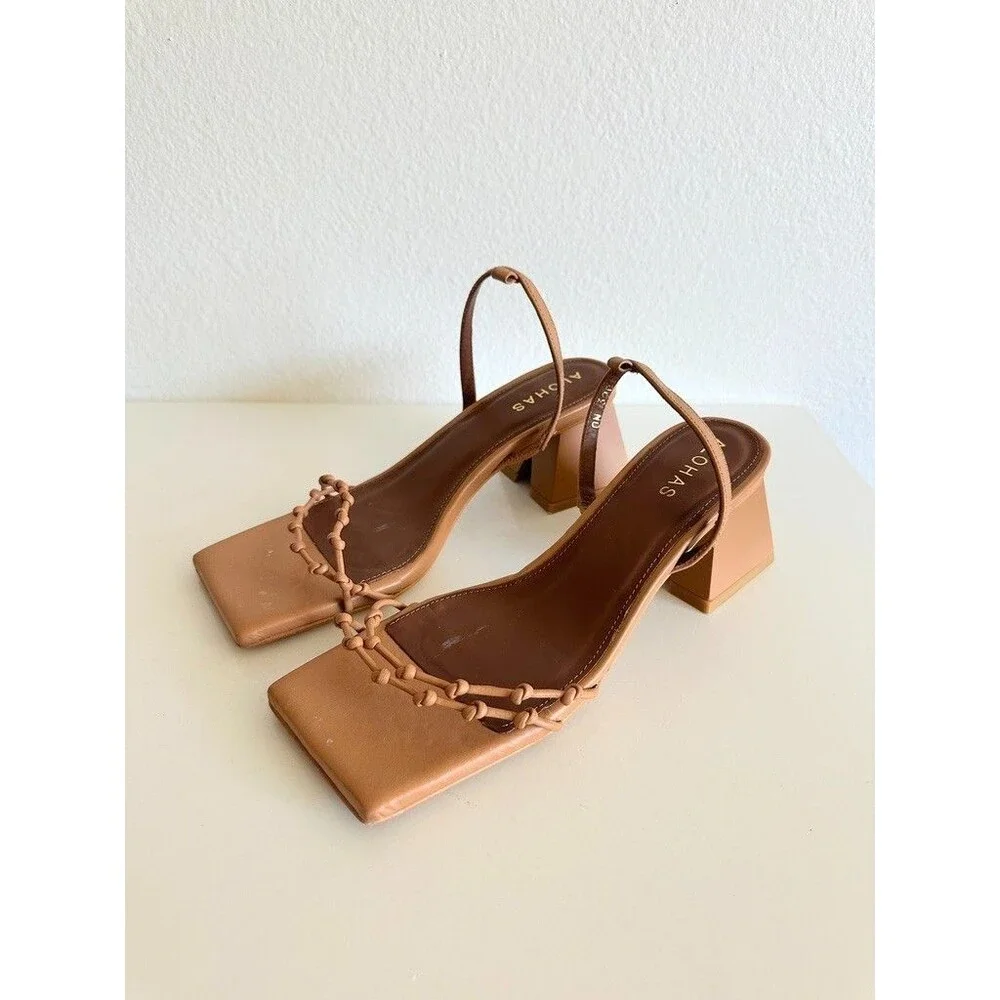 Alohas Juniper Strappy Square Toe Camel Sandals Leather Square Toe Women's EU 36
